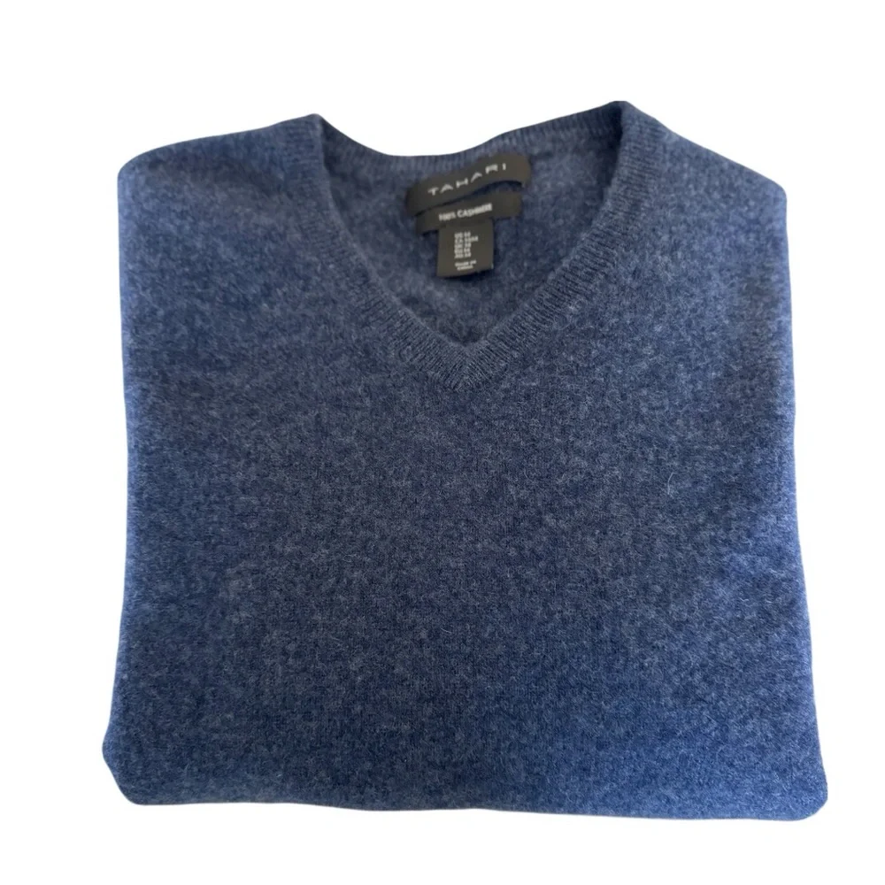 Tahari Men's 💯 Cashmere Blue V-Neck Sweater Size Medium